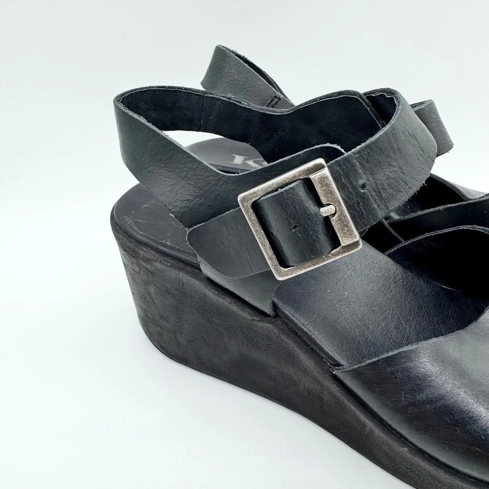 Korks‎ by Kork-Ease Black Leather Platform Wedge Sandals Size 6 Boho Minimalist
